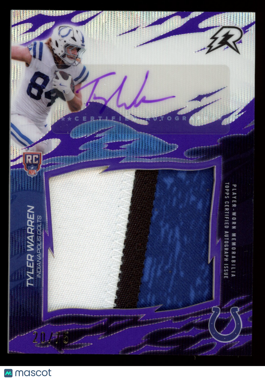 TYLER WARREN 2025 Topps Resurgence Rookie Patch Auto Purple Surge /75 #RRS-TW