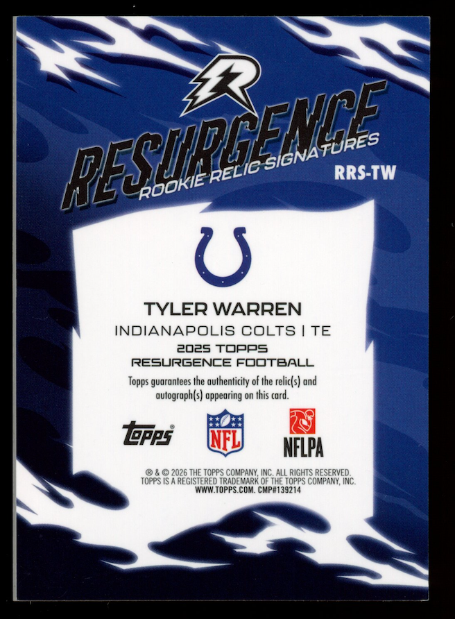 TYLER WARREN 2025 Topps Resurgence Rookie Patch Auto Purple Surge /75 #RRS-TW