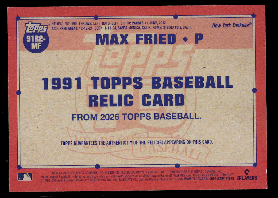MAX FRIED 2026 Topps Series 2 1991 Topps Game-Used Patch Red /5 #91R2-MF