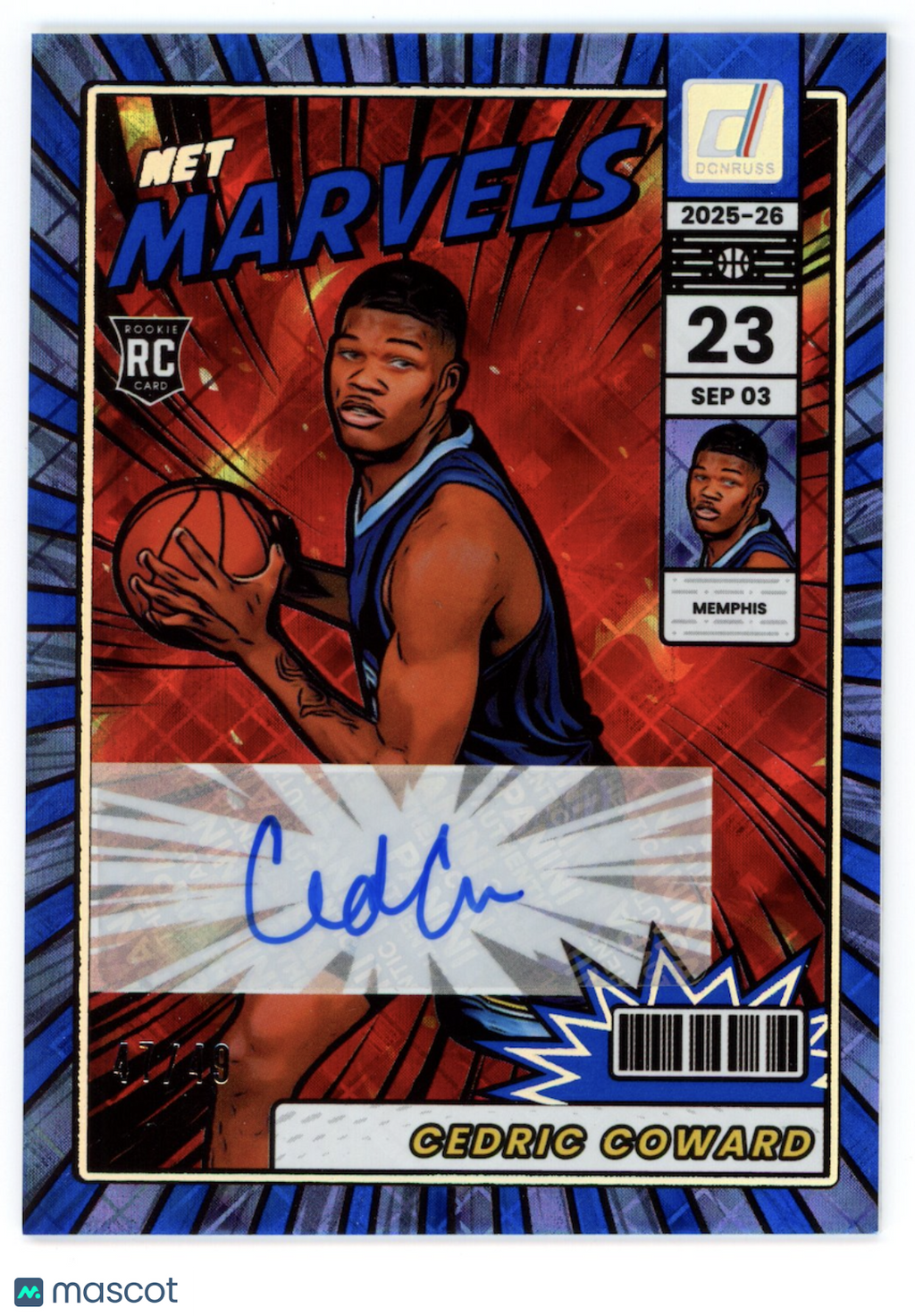 CEDRIC COWARD 2025-26 Panini Donruss Net Marvels Rookie Auto Blue /49 Grizzlies