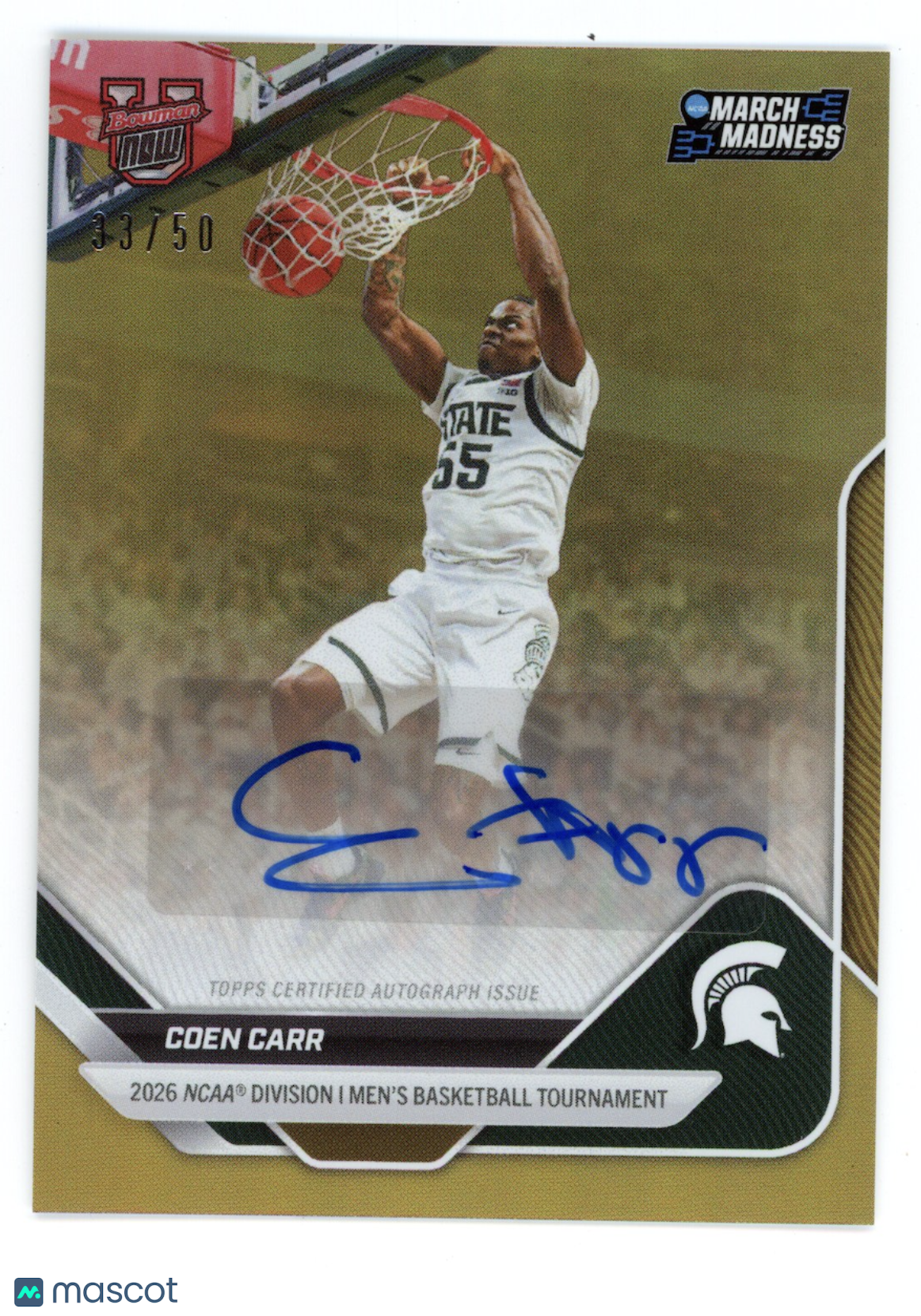COEN CARR 2026 Bowman U Now March Madness Gold Auto /50 #41-A Spartans