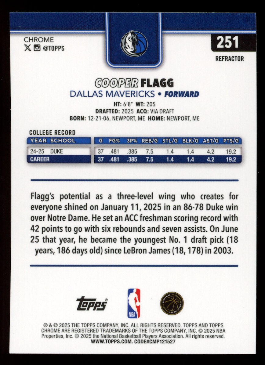 COOPER FLAGG 2025-26 Topps Chrome Rookie Refractor #251 Mavericks