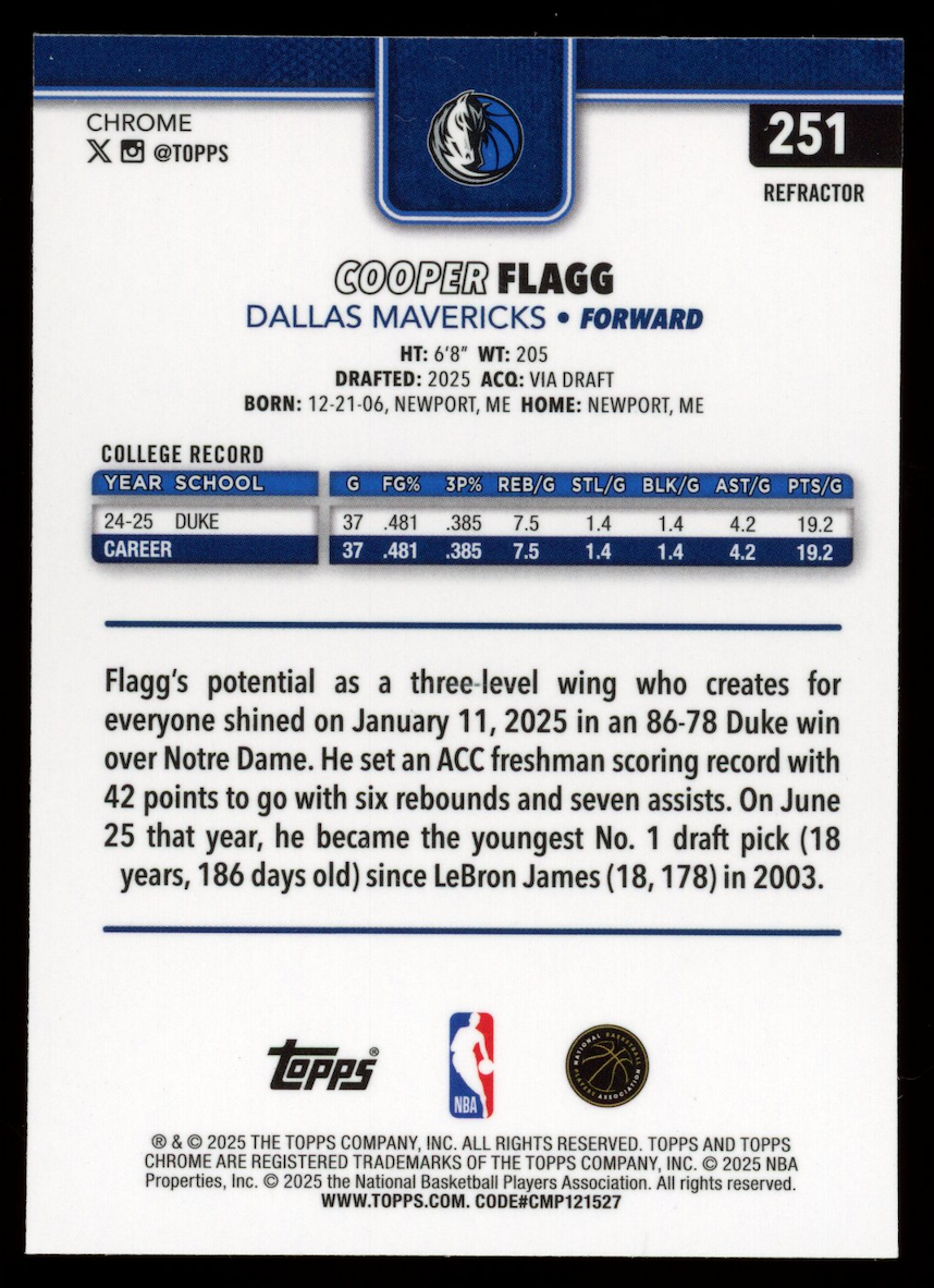 COOPER FLAGG 2025-26 Topps Chrome Rookie Refractor #251 Mavericks