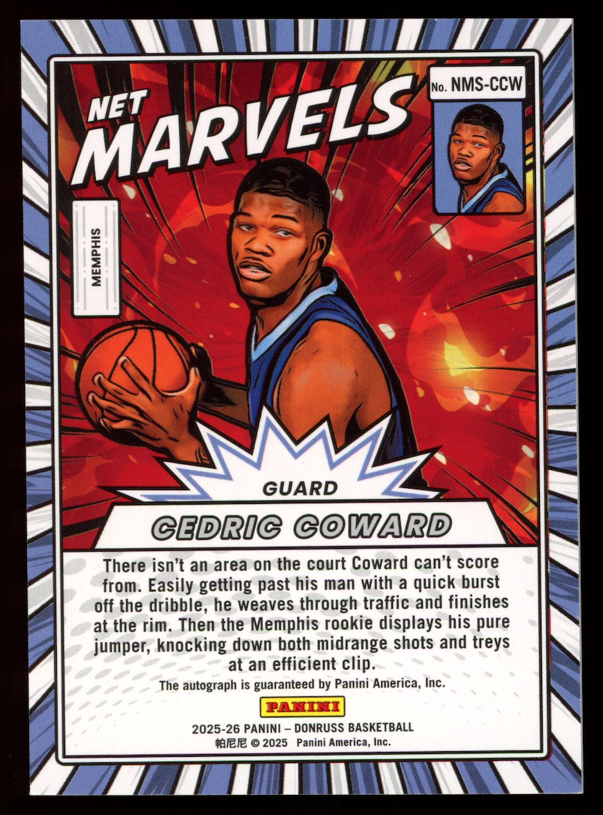CEDRIC COWARD 2025-26 Panini Donruss Net Marvels Rookie Auto Blue /49 Grizzlies