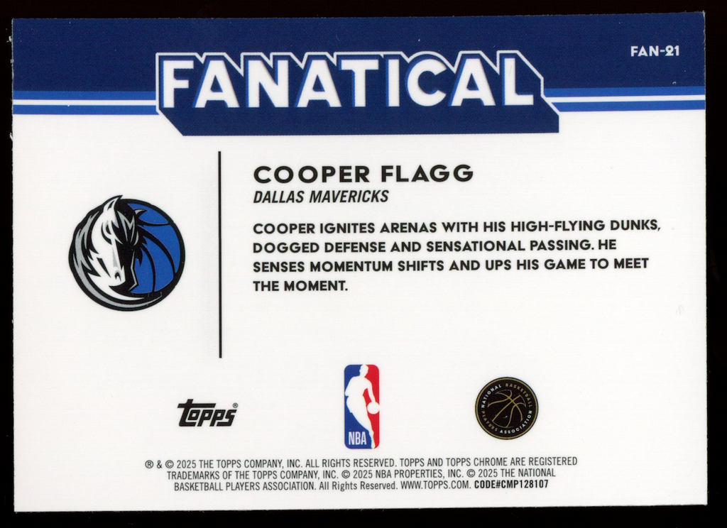 COOPER FLAGG 2025-26 Topps Chrome Fanatical Case Hit SSP RC #FAN-21 Mavericks