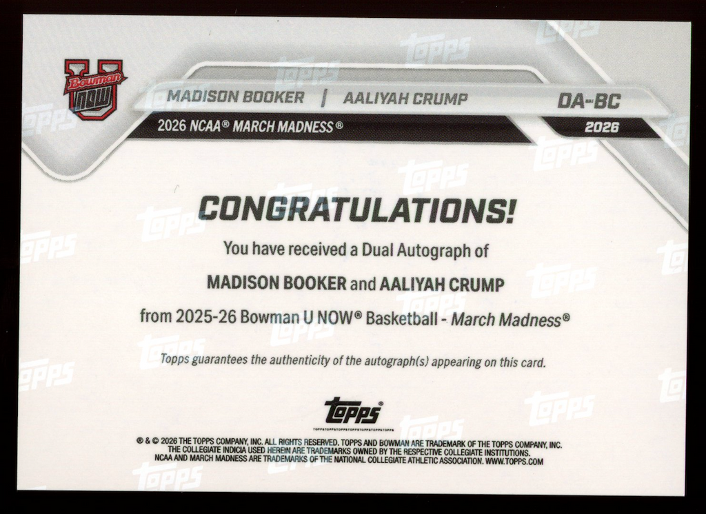 MADISON BOOKER AALIYAH CRUMP 2025-26 Bowman U Now March Madness Auto Black /10