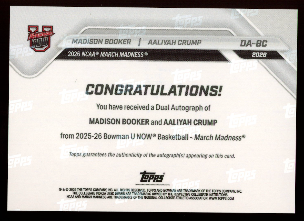 MADISON BOOKER AALIYAH CRUMP 2025-26 Bowman U Now March Madness Auto Black /10