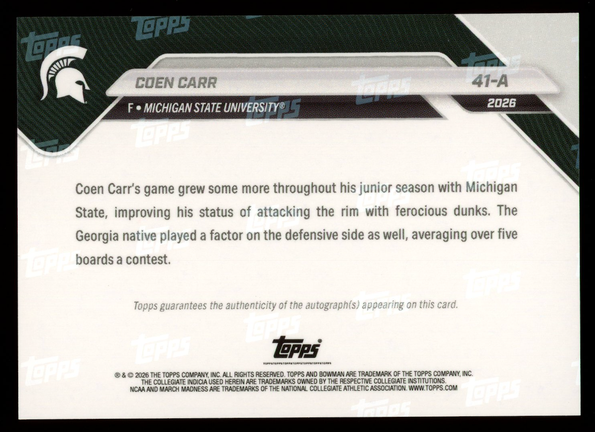 COEN CARR 2026 Bowman U Now March Madness Gold Auto /50 #41-A Spartans
