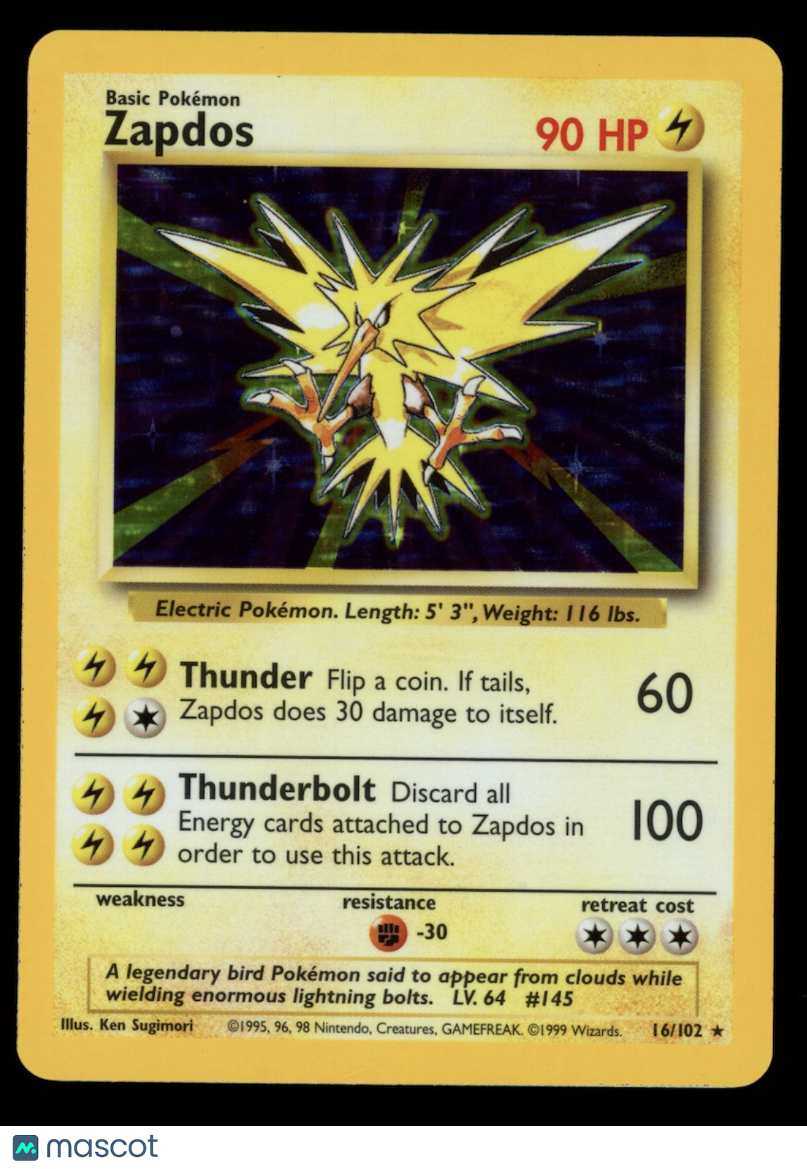 ZAPDOS 1999 Pokemon Base Set #16/102 Holo Rare
