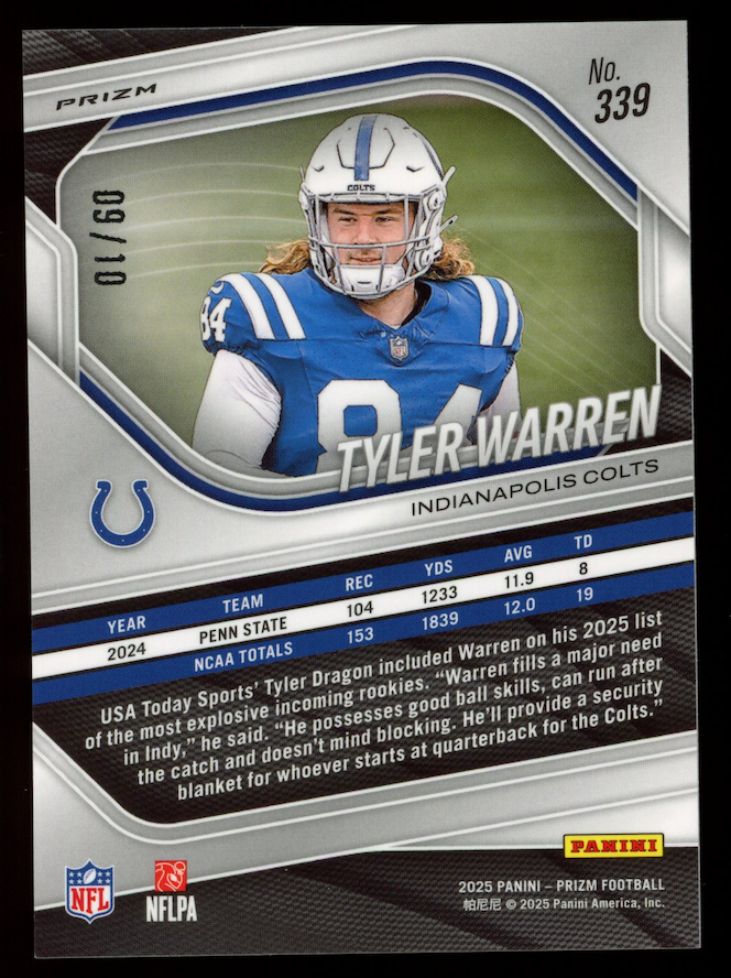 TYLER WARREN 2025 Panini Prizm Choice Rookie Gold /10 #339 Colts