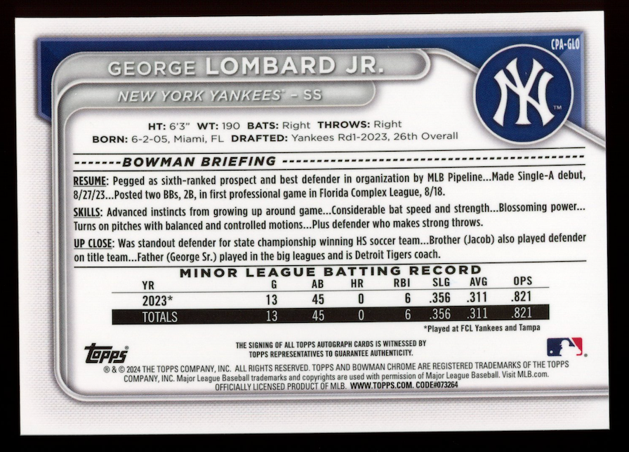 GEORGE LOMBARD JR. 2024 Bowman Chrome 1st Prospect Auto #CPA-GLO Yankees