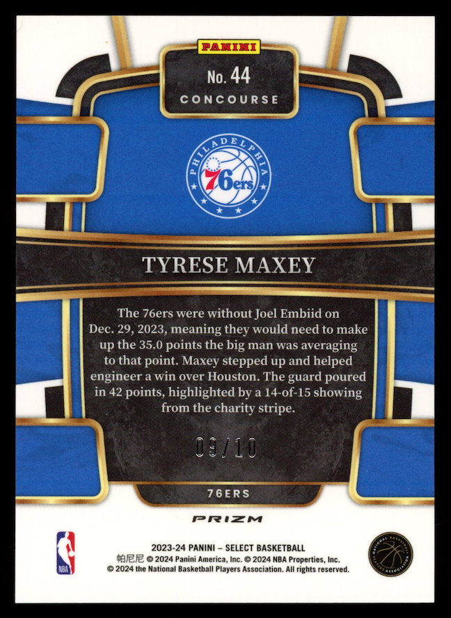 TYRESE MAXEY 2023-24 Panini Select Concourse Gold Wave Prizm /10 #44 76ers
