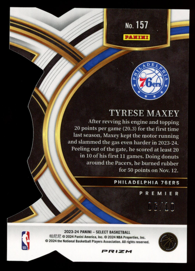 TYRESE MAXEY 2023-24 Panini Select Premier Level Gold Die-Cut Prizm /10 #157