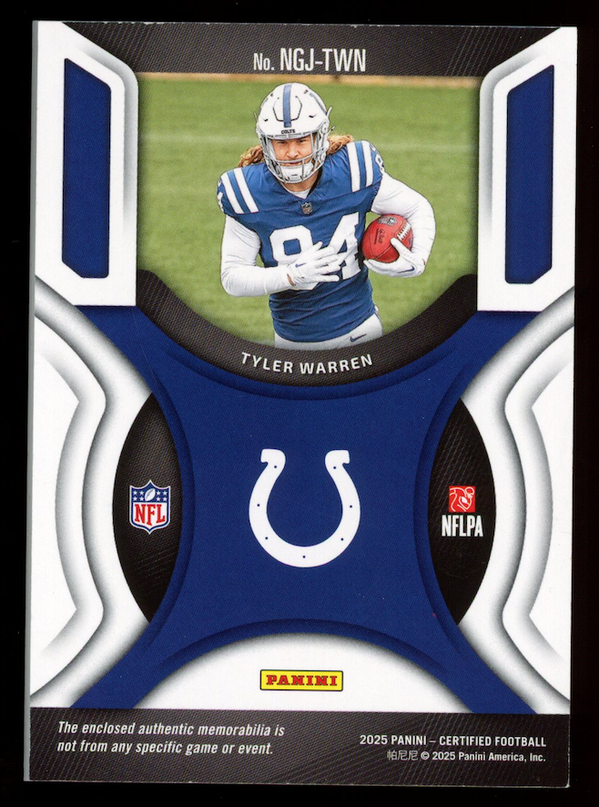TYLER WARREN 2025 Panini Certified New Generation Rookie Patch Gold /10 #NGJ-TWN