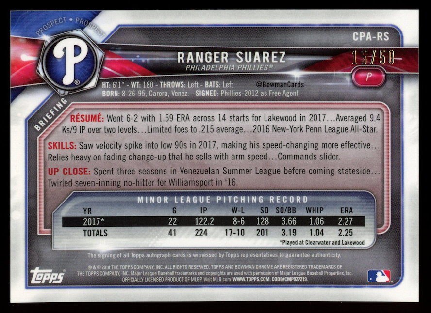 RANGER SUAREZ 2018 Bowman Chrome 1st Auto Gold Shimmer Refractor /50 #CPA-RS