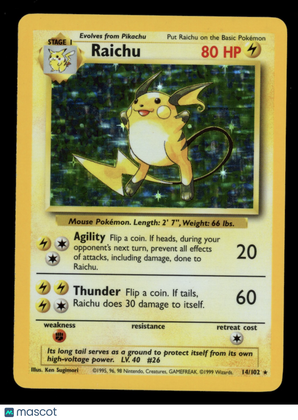 RAICHU 1999 Pokemon Base Set Holo Rare #14/102