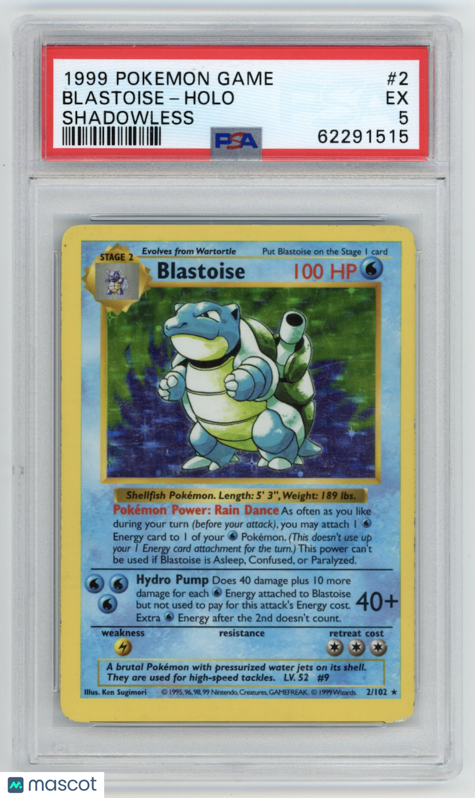 BLASTOISE 1999 Pokemon Base Set #2 Shadowless Holo Rare PSA 5