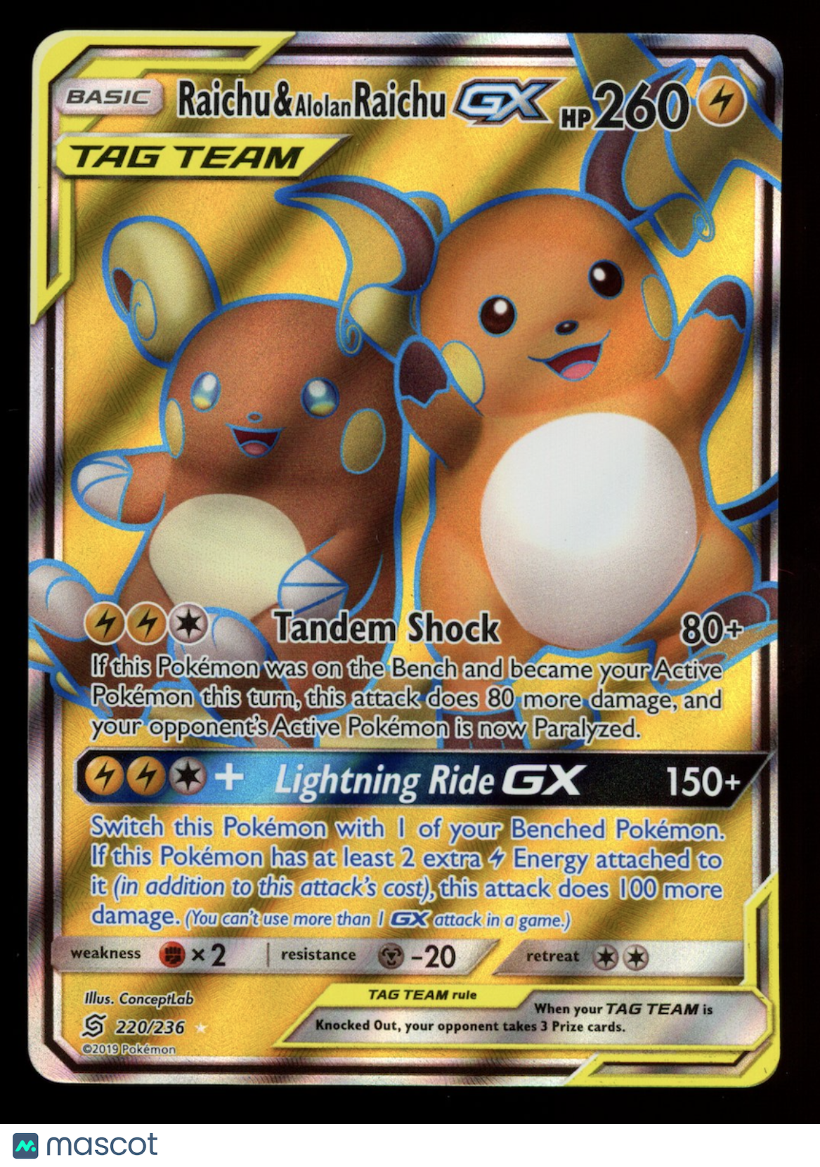 RAICHU & ALOLAN RAICHU GX 2019 Pokemon SM Unified Minds #220/236 Ultra Rare
