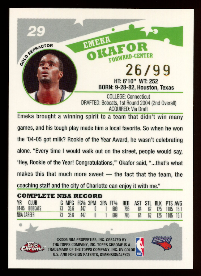EMEKA OKAFOR 2005-06 Topps Chrome Gold Refractor /99 #29 Bobcats