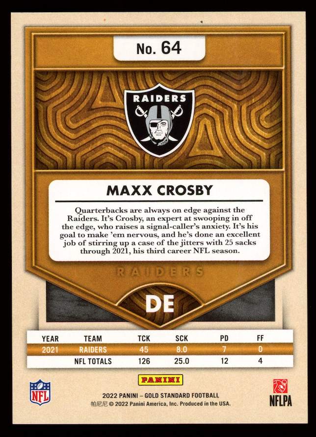 MAXX CROSBY 2022 Panini Gold Standard Emerald Parallel /11 #64 Raiders