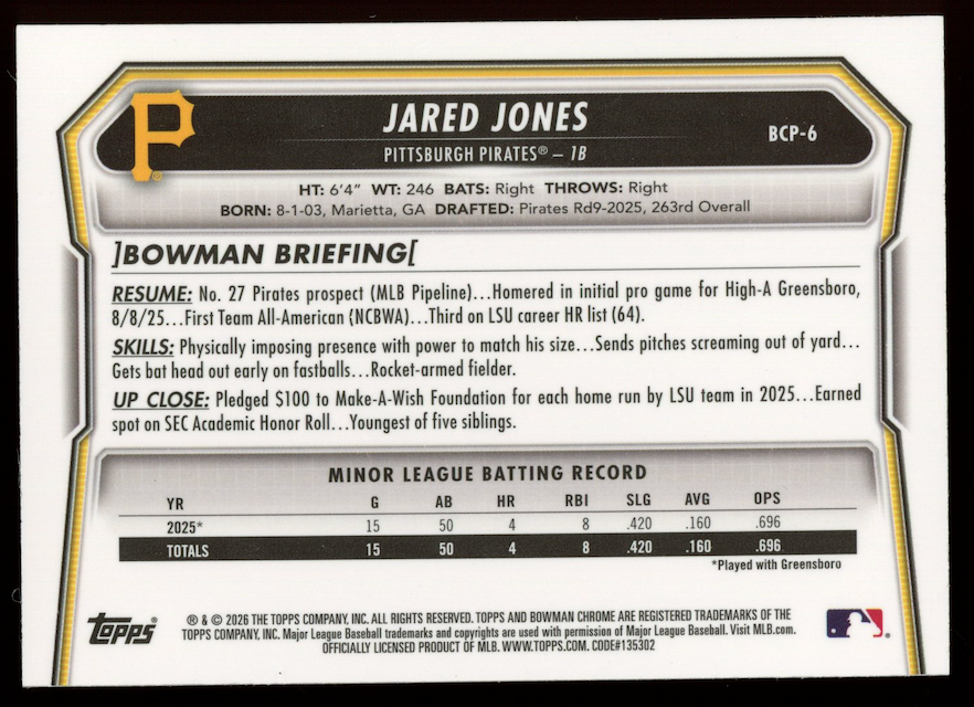 JARED JONES 2026 Bowman Chrome 1st Prospect Yellow Refractor /75 #BCP-6 Pirates