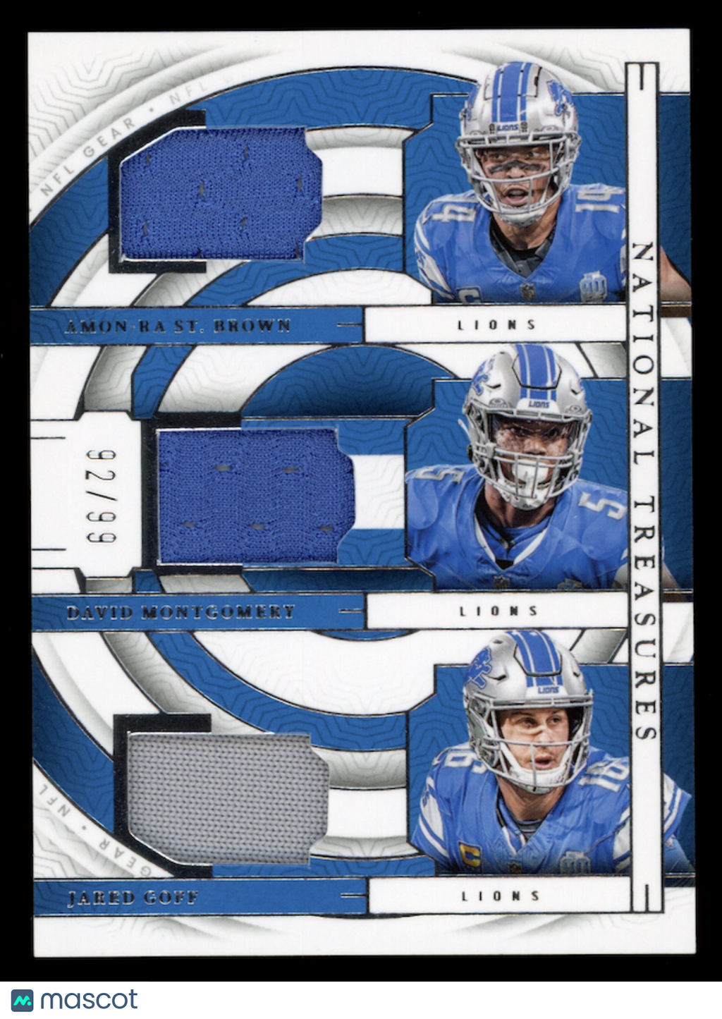 AMON-RA ST. BROWN JARED GOFF MONTGOMERY 2024 National Treasures Triple Patch /99