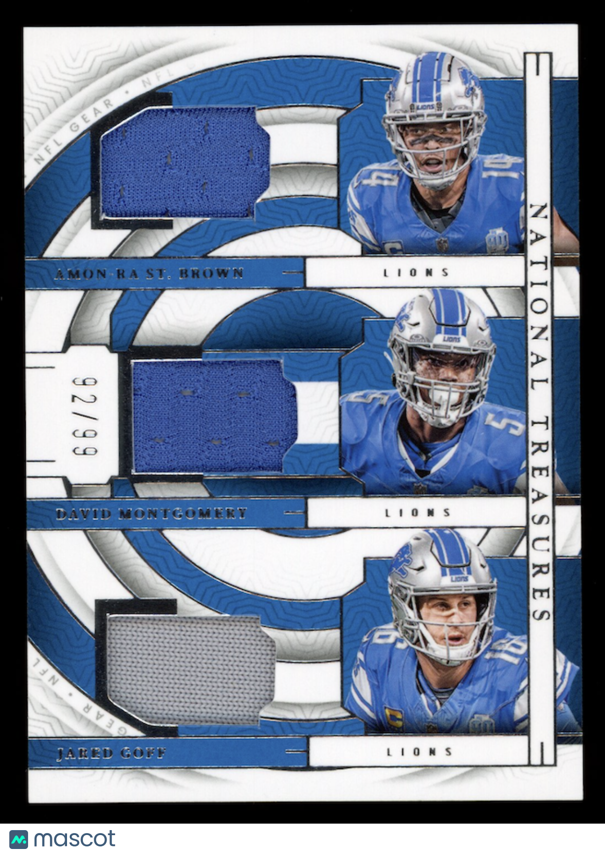 AMON-RA ST. BROWN JARED GOFF MONTGOMERY 2024 National Treasures Triple Patch /99