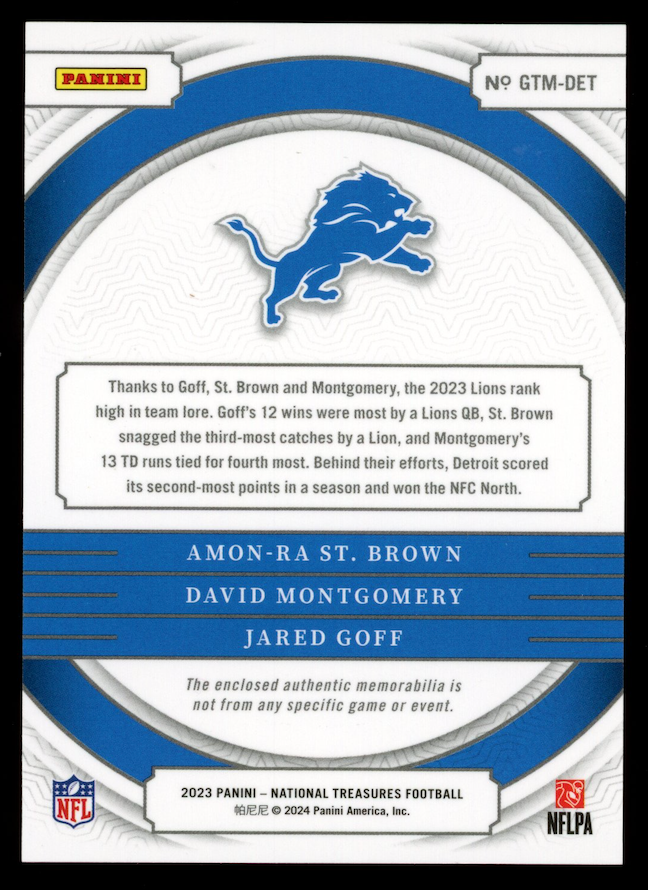 AMON-RA ST. BROWN JARED GOFF MONTGOMERY 2024 National Treasures Triple Patch /99
