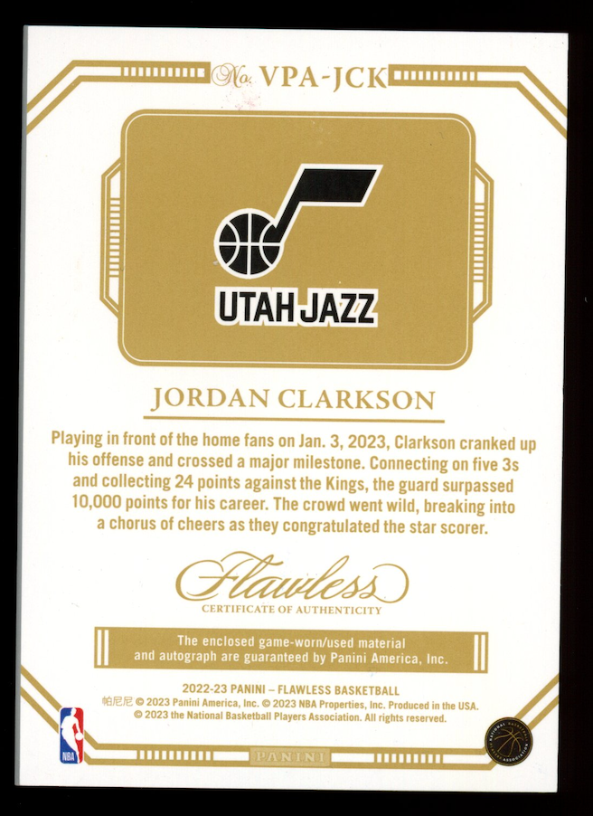 JORDAN CLARKSON 2022-23 Panini Flawless Ruby Veteran Patch Auto /15 #VPA-JCK
