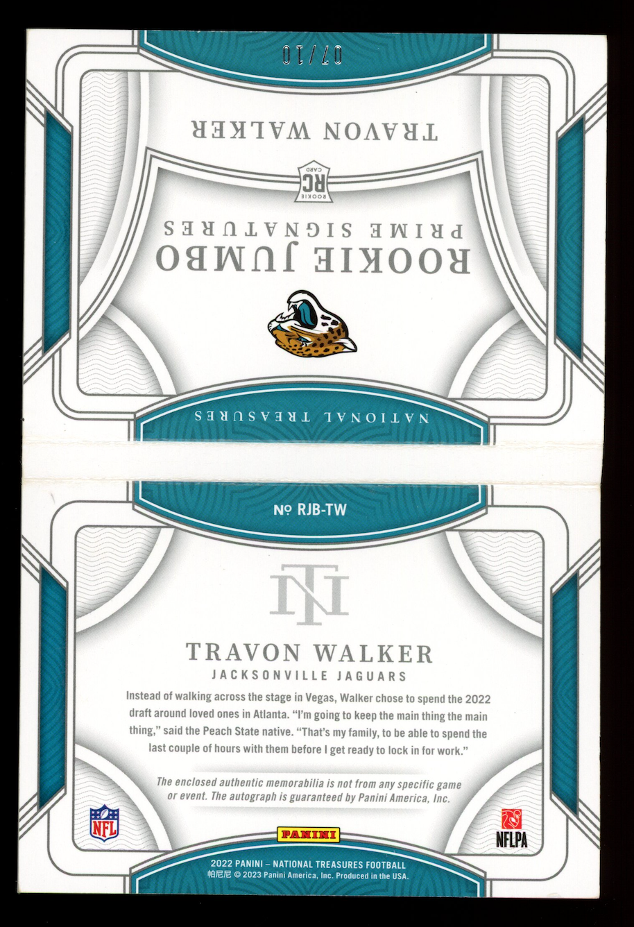 TRAVON WALKER 2023 Panini National Treasures Rookie Jumbo Prime Signatures /10
