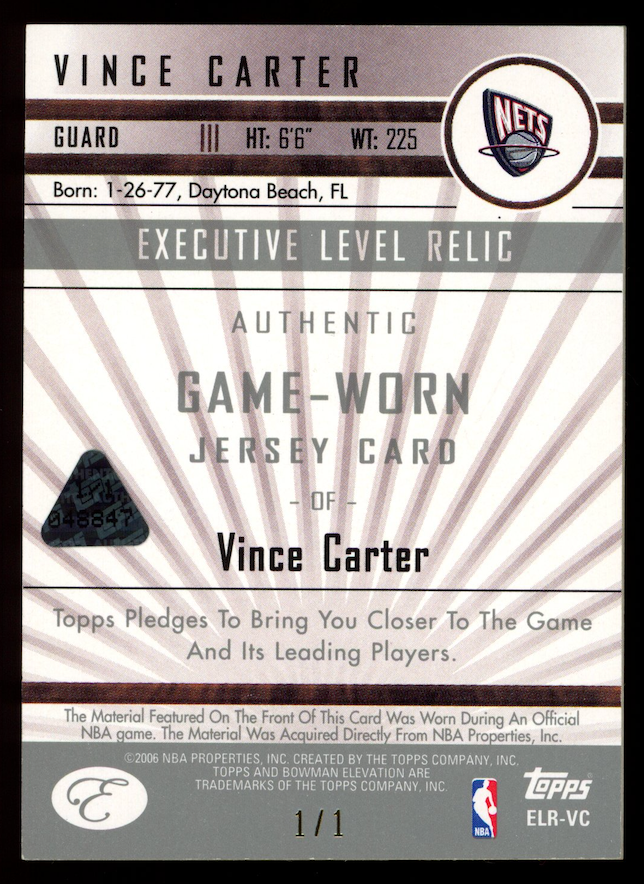 VINCE CARTER 2006-07 Bowman Elevation Executive Level Relic Patch 1/1 #ELR-VC
