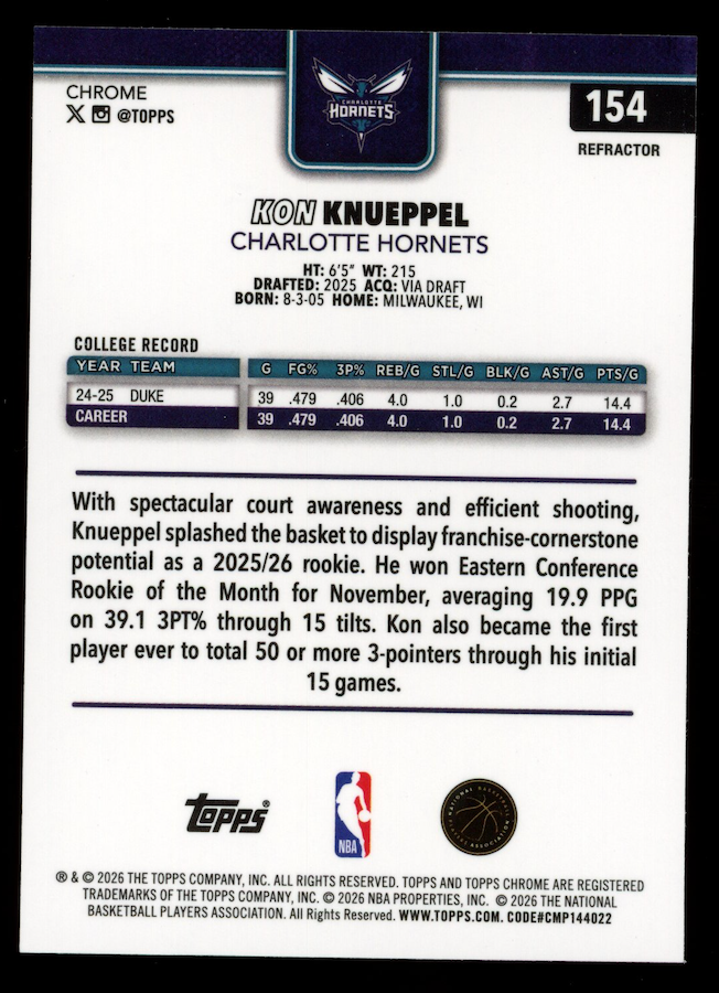 KON KNUEPPEL 2025-26 Topps Chrome Update Rookie Refractor #154 Hornets