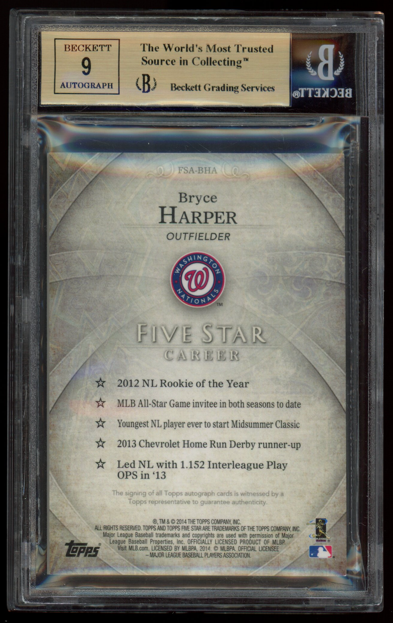 BRYCE HARPER 2014 Topps Five Star Auto Rainbow /25 #FSA-BHA BGS 9.5 Nationals