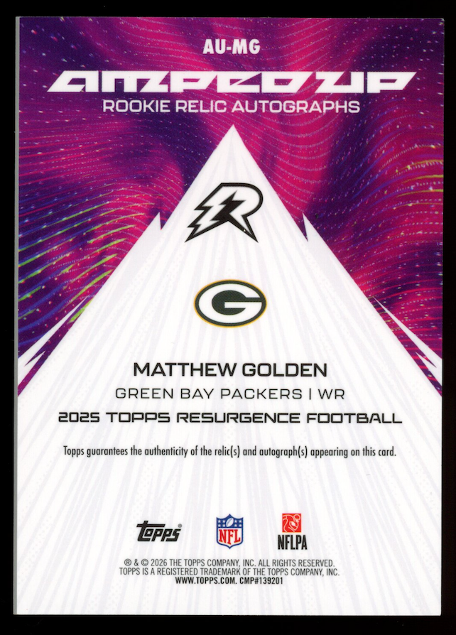 MATTHEW GOLDEN 2025 Topps Resurgence Amped Up Rookie Patch Auto Purple Surge /75
