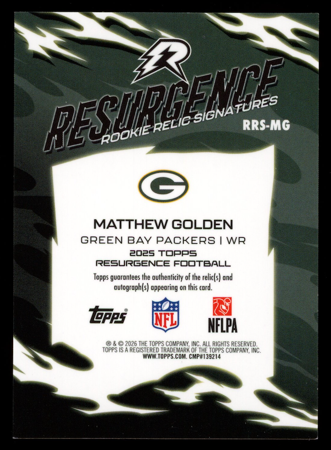 MATTHEW GOLDEN 2025 Topps Resurgence Rookie Patch Auto Lime Green /15 #RRS-MG