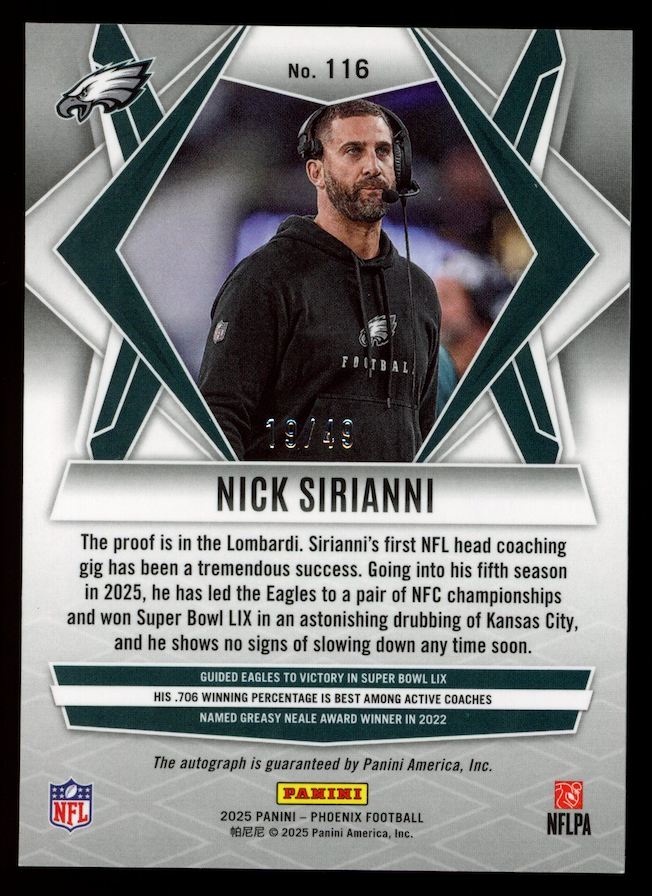 NICK SIRIANNI 2025 Panini Phoenix Base Auto Blue Parallel /49 #116 Eagles