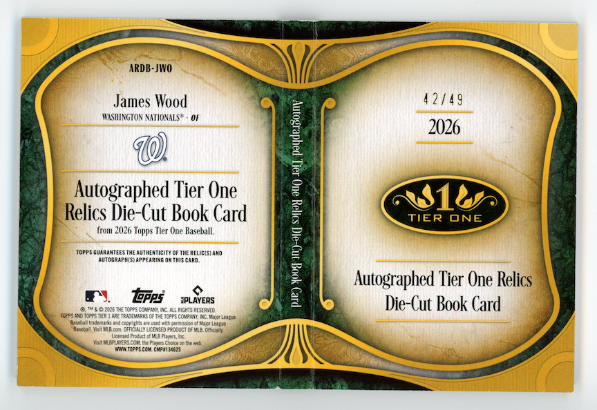 JAMES WOOD 2026 Topps Tier One Relics Die-Cut Booklet Patch Auto /49 #ARDB-JWO