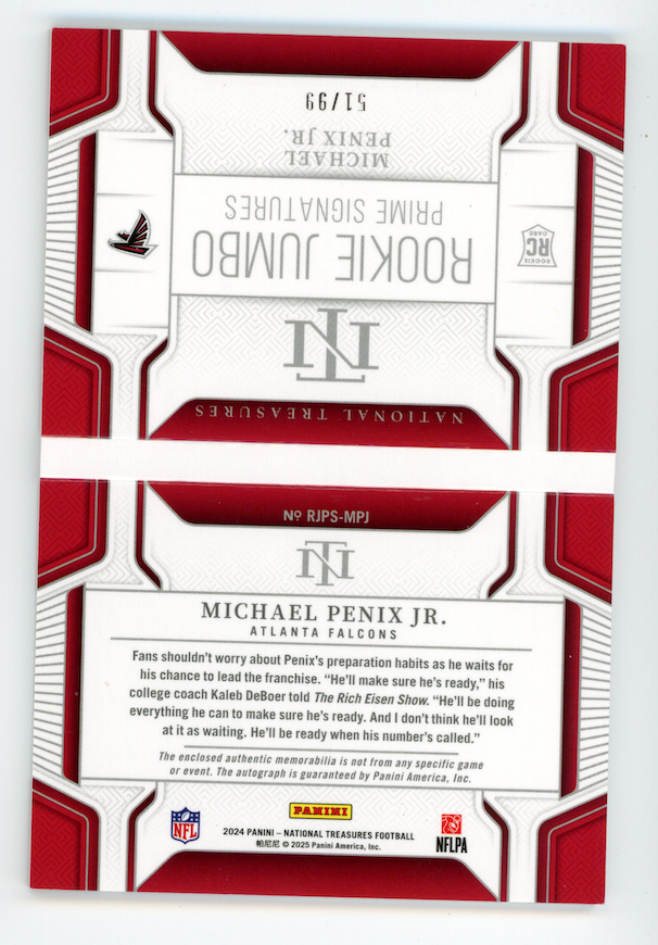 MICHAEL PENIX JR. 2024 National Treasures Rookie Jumbo Booklet Patch Auto /99