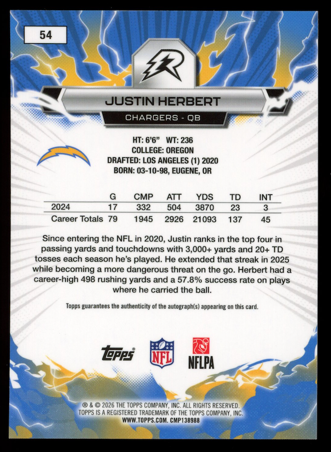JUSTIN HERBERT 2025 Topps Resurgence Orange Static Auto /25 #54 Chargers