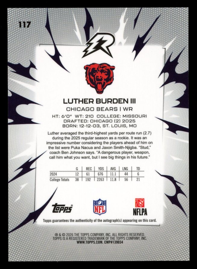 LUTHER BURDEN III 2025 Topps Resurgence Black and White Rookie Auto /375 #117