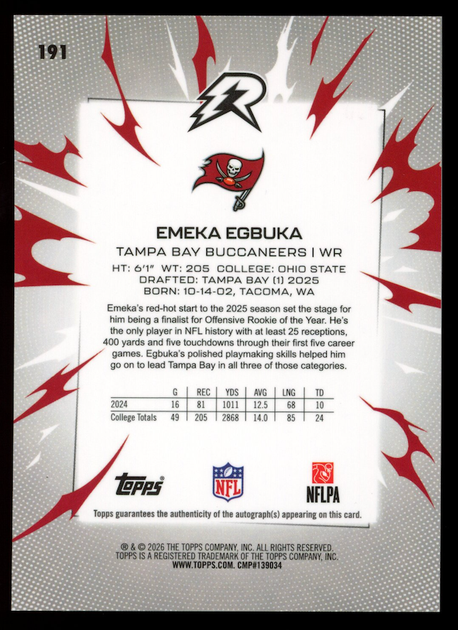 EMEKA EGBUKA 2025 Topps Resurgence Rookie Auto Aqua Surge /250 #191 Buccaneers