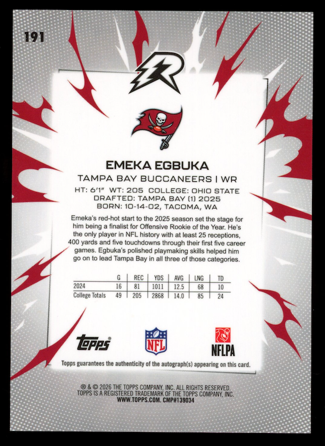 EMEKA EGBUKA 2025 Topps Resurgence Rookie Auto Blue Surge /99 #191 Buccaneers