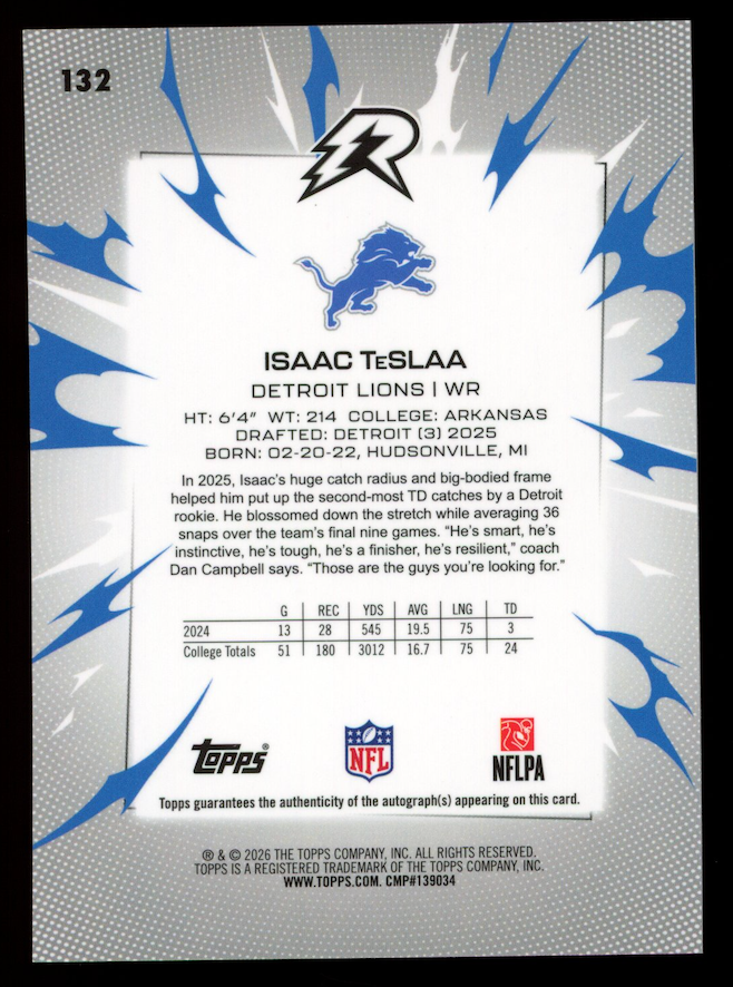 ISAAC TESLAA 2025 Topps Resurgence Rookie Auto Orange Static /25 #132 Lions