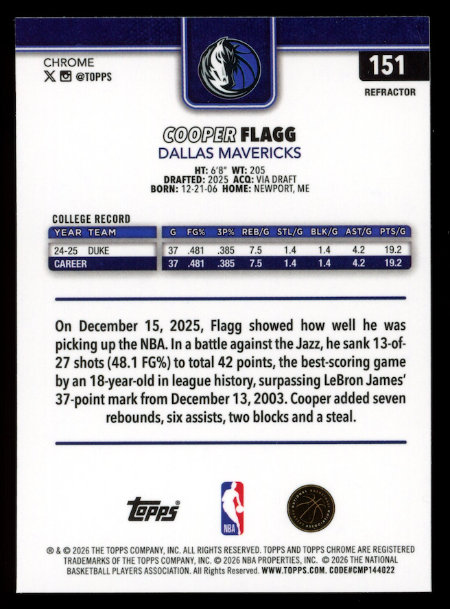 COOPER FLAGG 2025-26 Topps Chrome Update Rookie Refractor #151 Mavericks