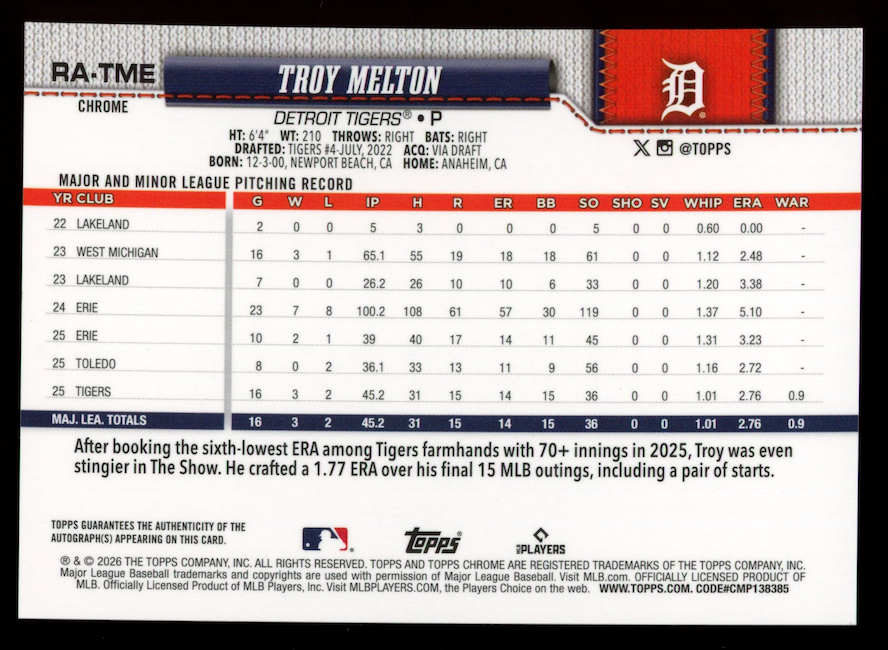TROY MELTON 2026 Topps Chrome Rookie Auto #RA-TME Tigers