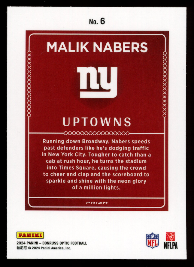 MALIK NABERS 2024 Panini Donruss Optic Uptowns Rookie Case Hit SSP #6 Giants
