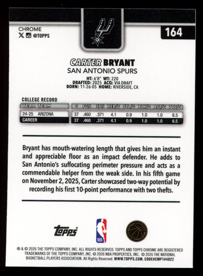 CARTER BRYANT 2025-26 Topps Chrome Update Rookie Negative Refractor #164 Spurs