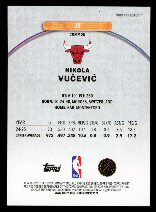 NIKOLA VUCEVIC 2025-26 Topps Finest Superfractor 1/1 #35 Bulls