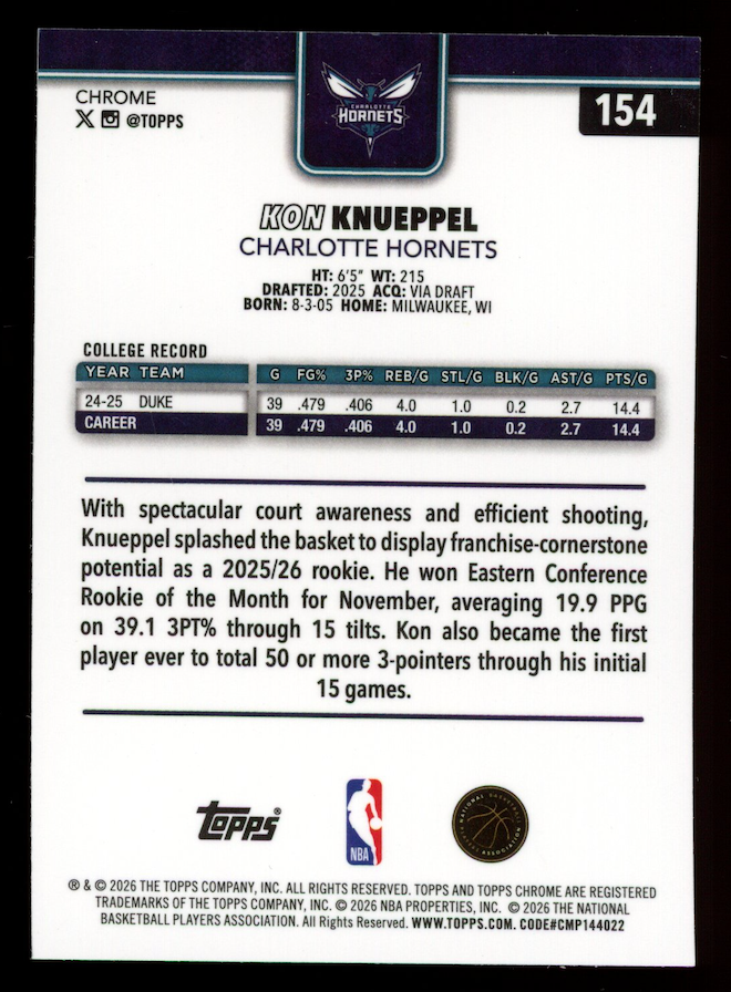 KON KNUEPPEL 2025-26 Topps Chrome Rookie Negative Refractor #154 Hornets