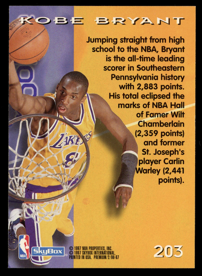 KOBE BRYANT 1996-97 Skybox Premium Rookie #203 Lakers